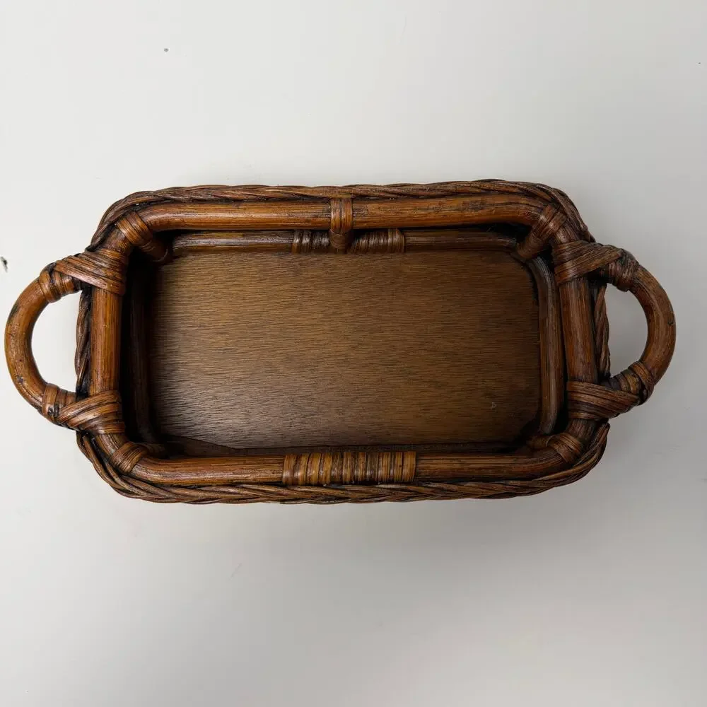 VTG Rattan Wrapped Wood Serving Tray Basket w Handles Boho 13x6 Sturdy Cottage